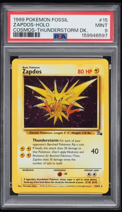 1999 POKEMON FOSSIL ZAPDOS-HOLO COSMOS-THUNDERSTORM DK. PSA 9 (Slab PSA 9)